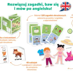 Zestaw edukacyjny do nauki angielskiego: książeczka z ćwiczeniami, karty z zagadkami po angielsku, naklejki i układanka.