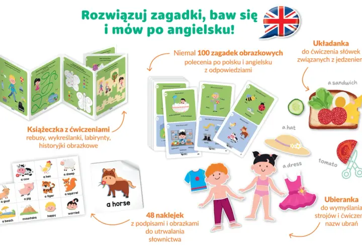 Zestaw edukacyjny do nauki angielskiego: książeczka z ćwiczeniami, karty z zagadkami po angielsku, naklejki i układanka.