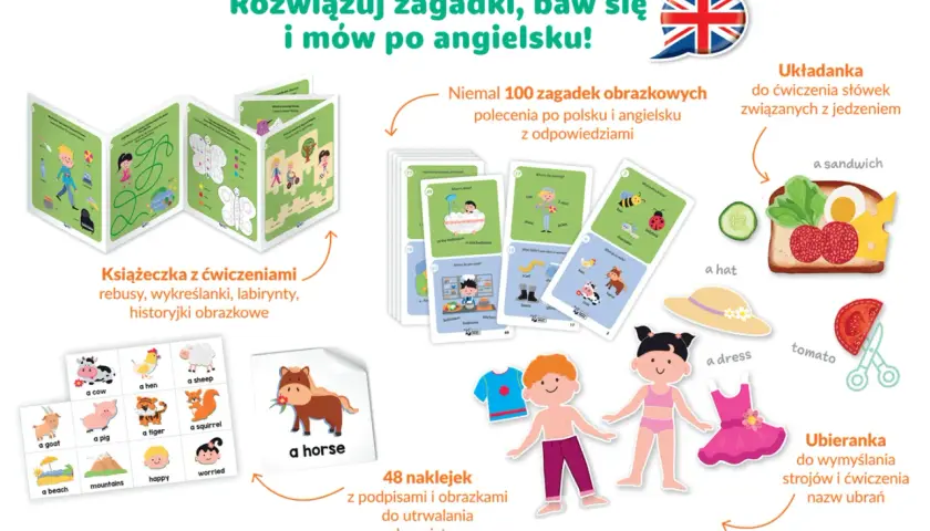 Zestaw edukacyjny do nauki angielskiego: książeczka z ćwiczeniami, karty z zagadkami po angielsku, naklejki i układanka.