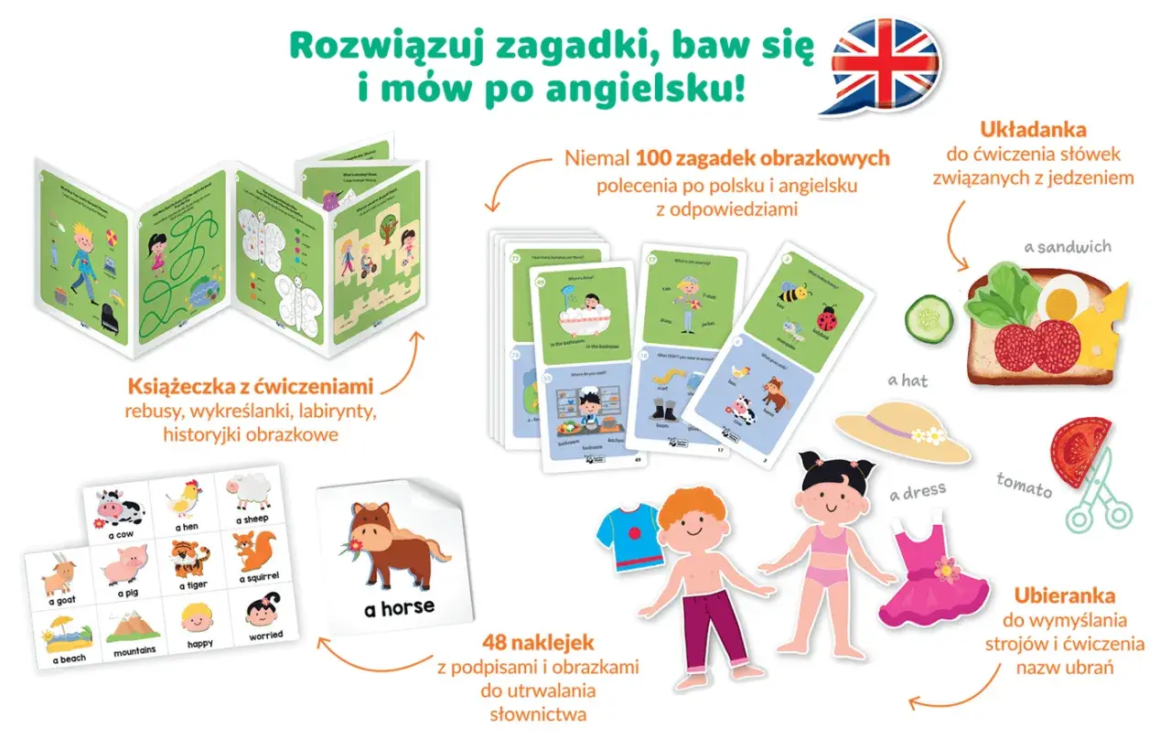 Zestaw edukacyjny do nauki angielskiego: książeczka z ćwiczeniami, karty z zagadkami po angielsku, naklejki i układanka.