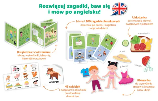 Zestaw edukacyjny do nauki angielskiego: książeczka z ćwiczeniami, karty z zagadkami po angielsku, naklejki i układanka.